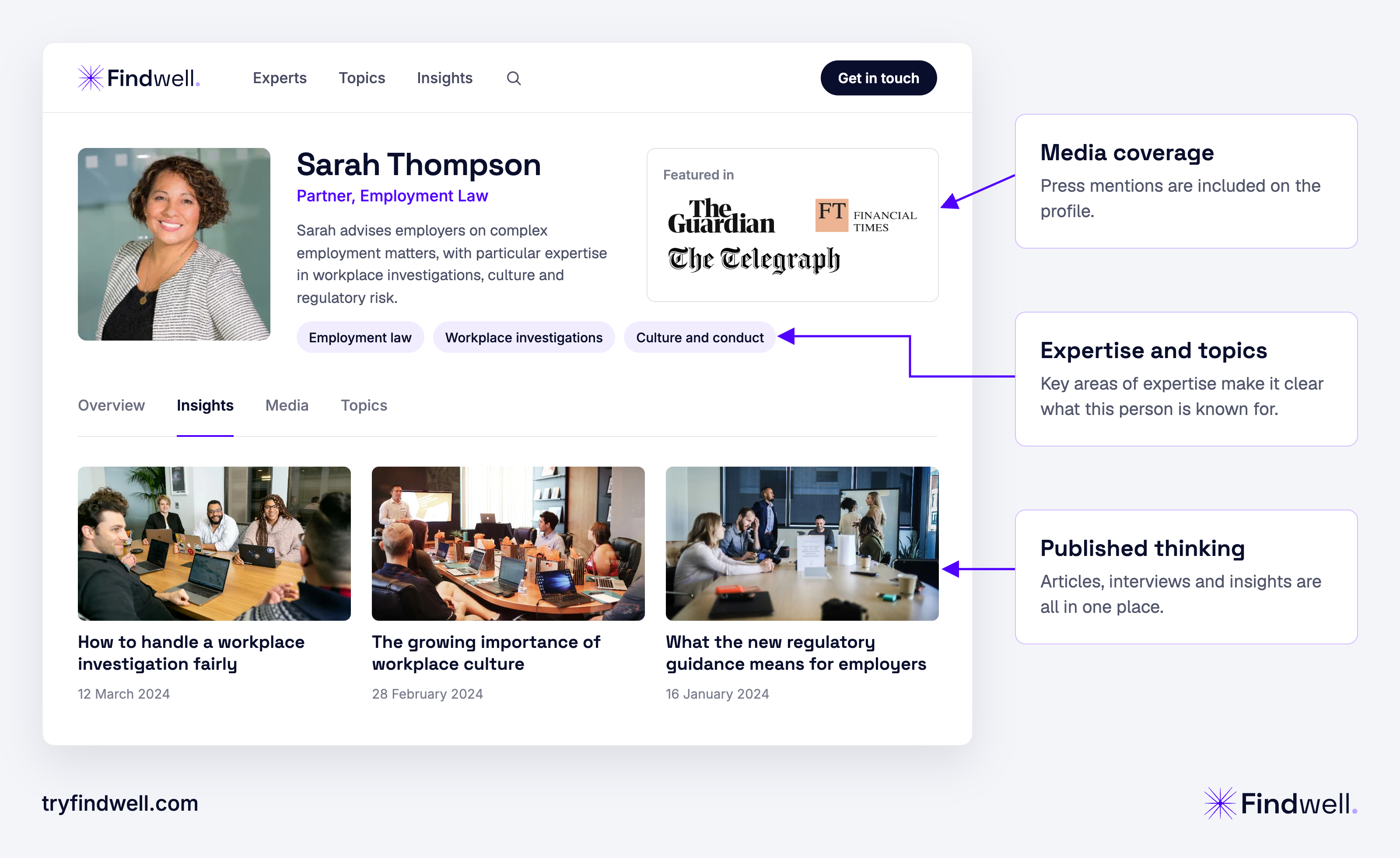 Findwell expert profile showing expertise, published content, topics and media coverage.