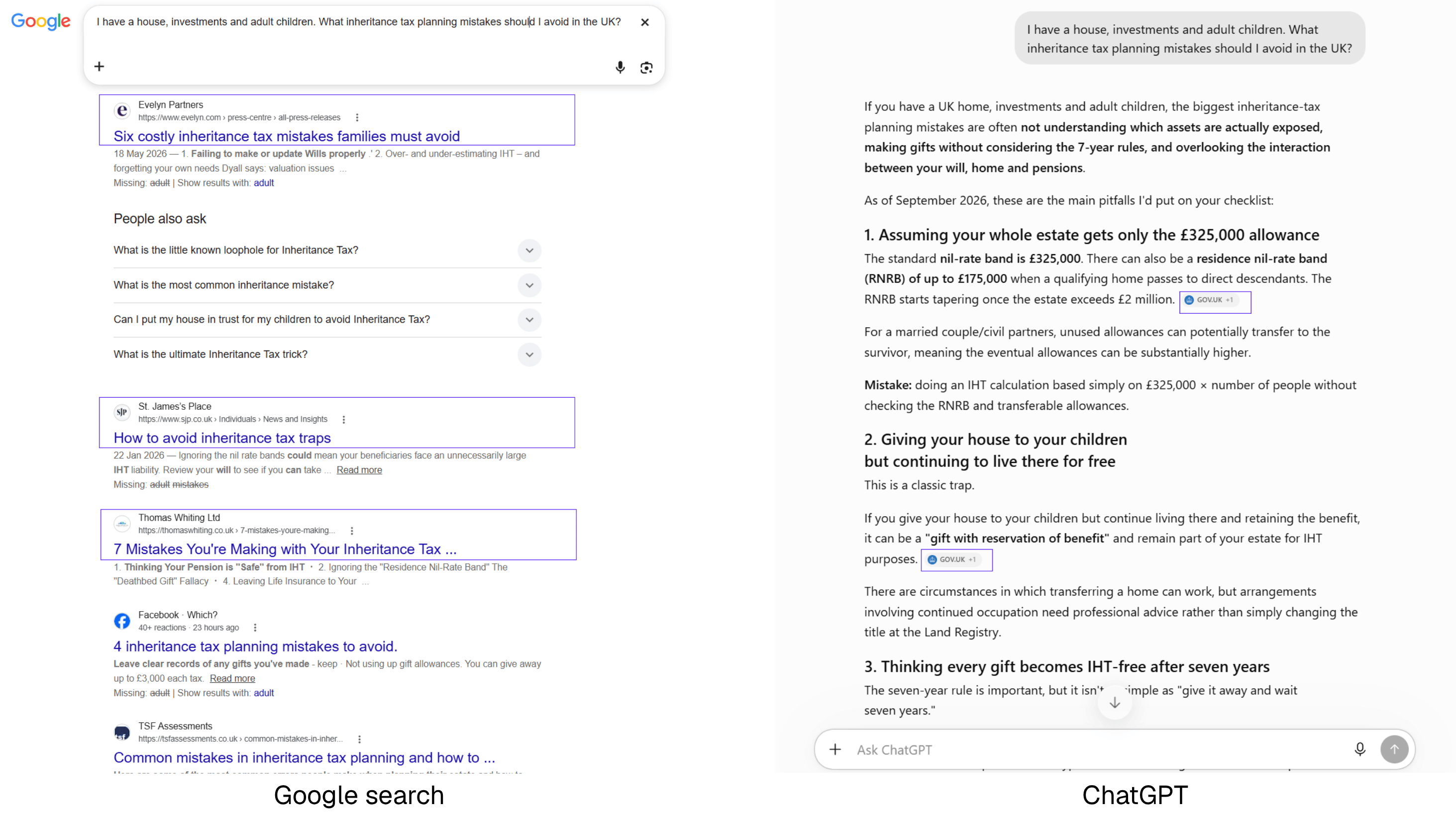 Side-by-side comparison of Google search results and a ChatGPT answer for the same UK inheritance-tax question, showing different source mixes.
