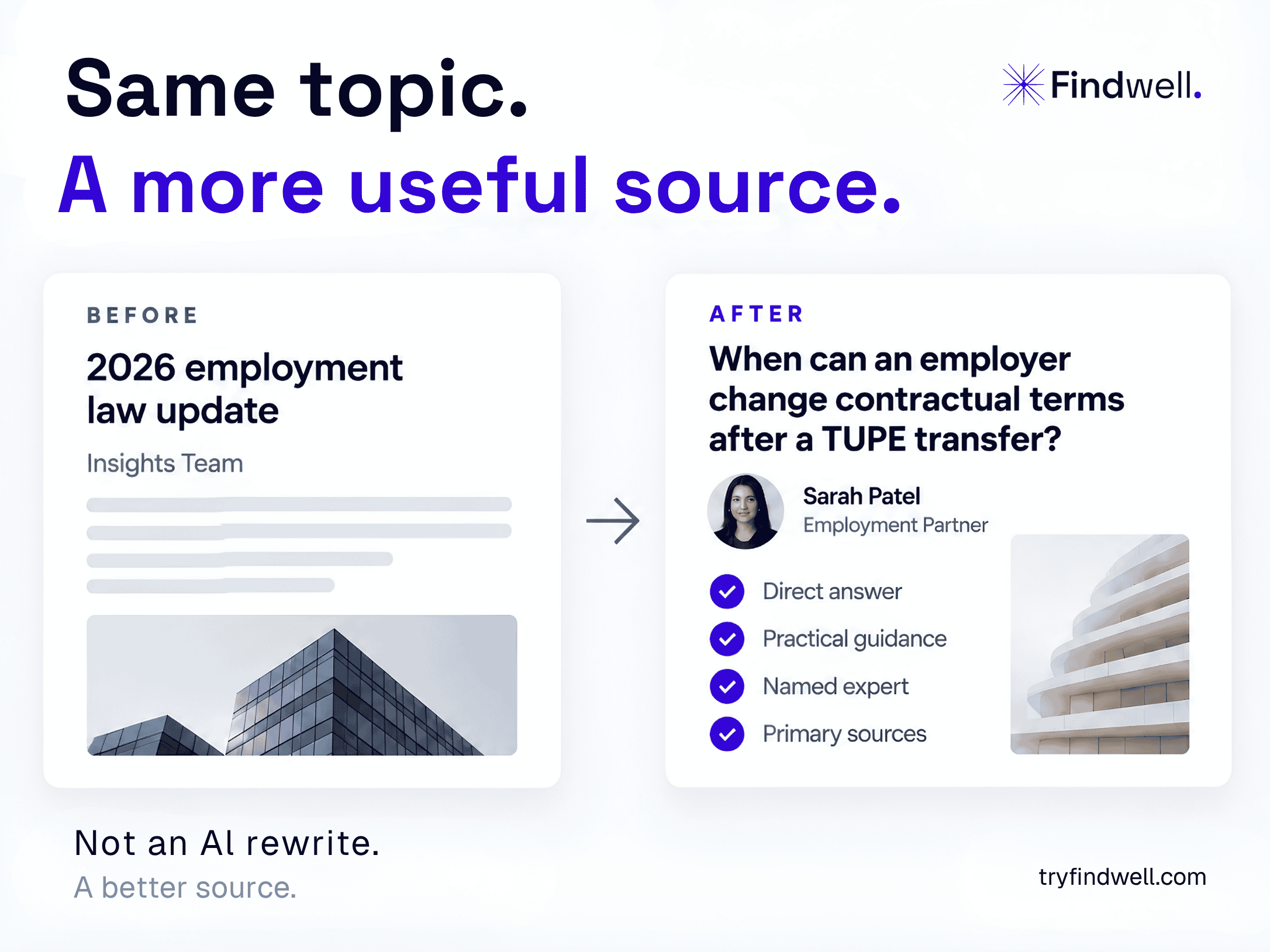 Infographic comparing a generic employment law update page with a more useful expert-led page that answers a specific TUPE question, showing how clearer structure, named expertise and primary sources make content more citation-worthy.